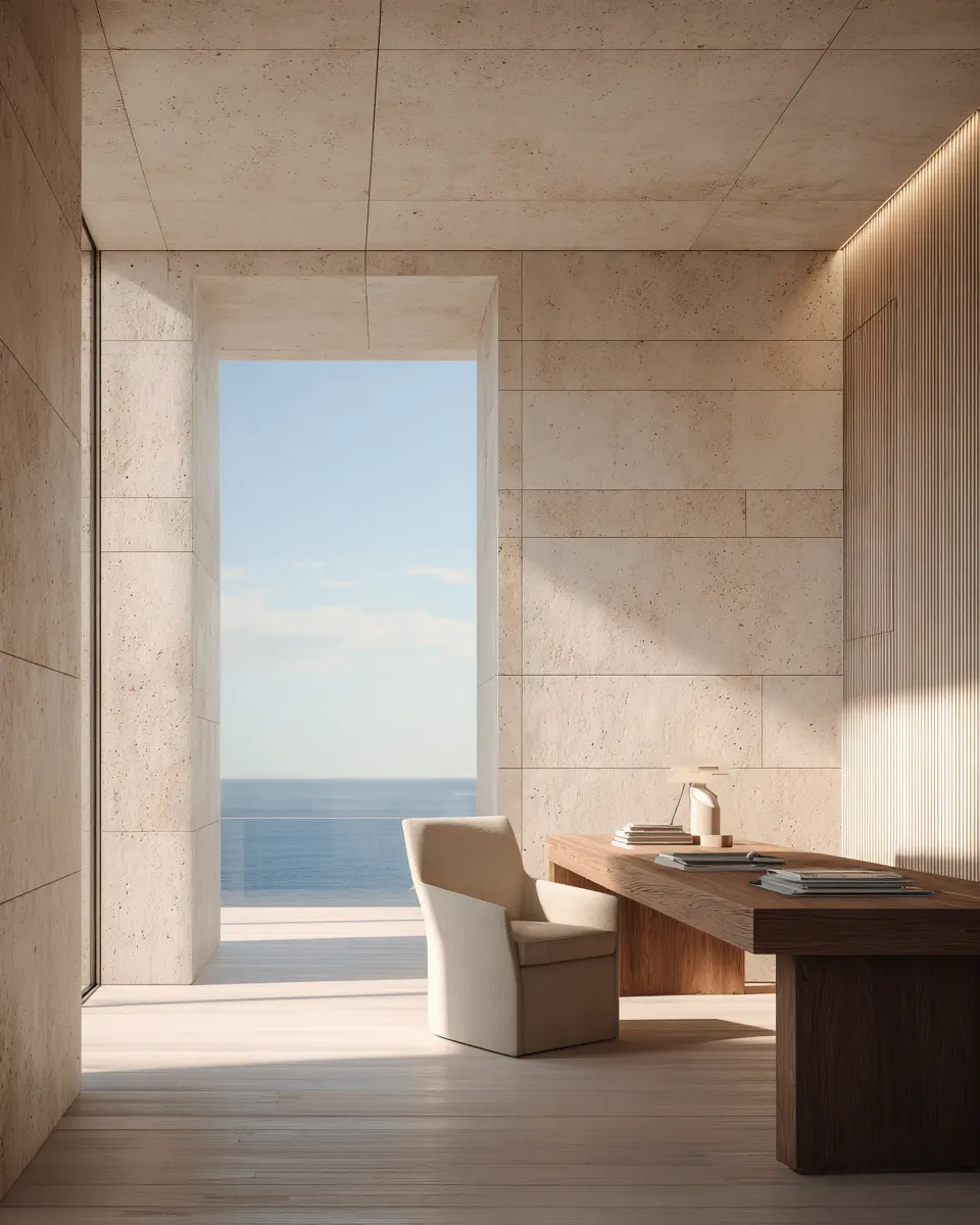 A calm consultation room with limestone walls and a view of the sea